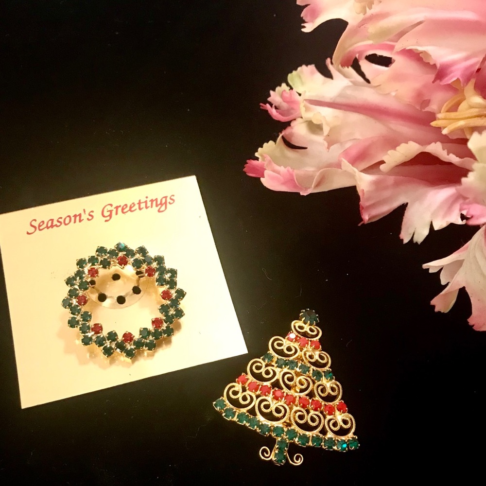 Seasons Greetings 2 Rhinestone Christmas Brooches